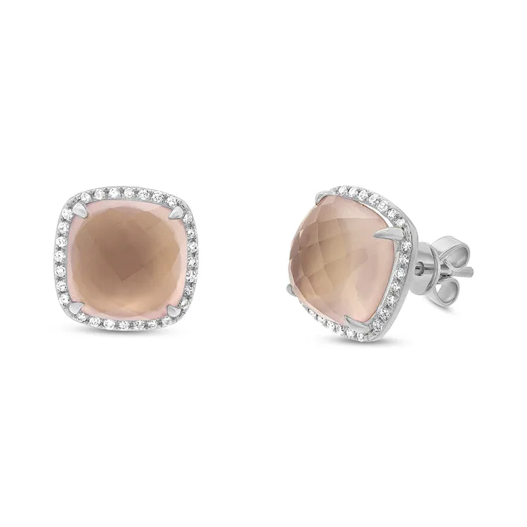 0.17ct Diamond & 6.48ct Rose Quartz 14k White Gold Stud Earring