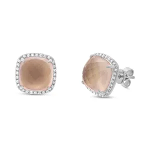 0.17ct Diamond & 6.48ct Rose Quartz 14k White Gold Stud Earring