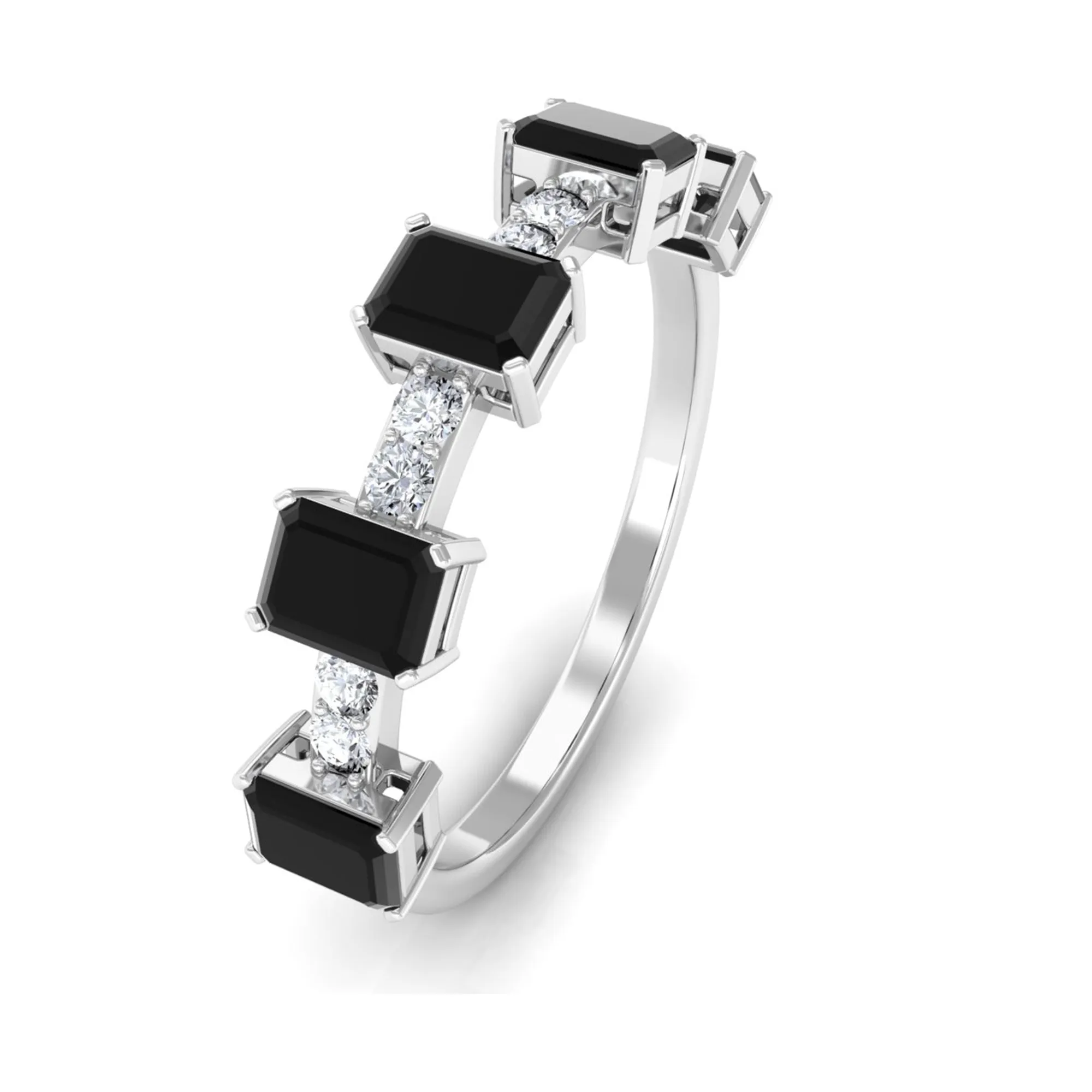 1 CT Black Onyx and Diamond Half Eternity Ring in Prong Setting