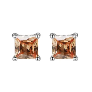 10k White Gold Plated 3 Carat Square Created Champagne Sapphire Stud Earrings