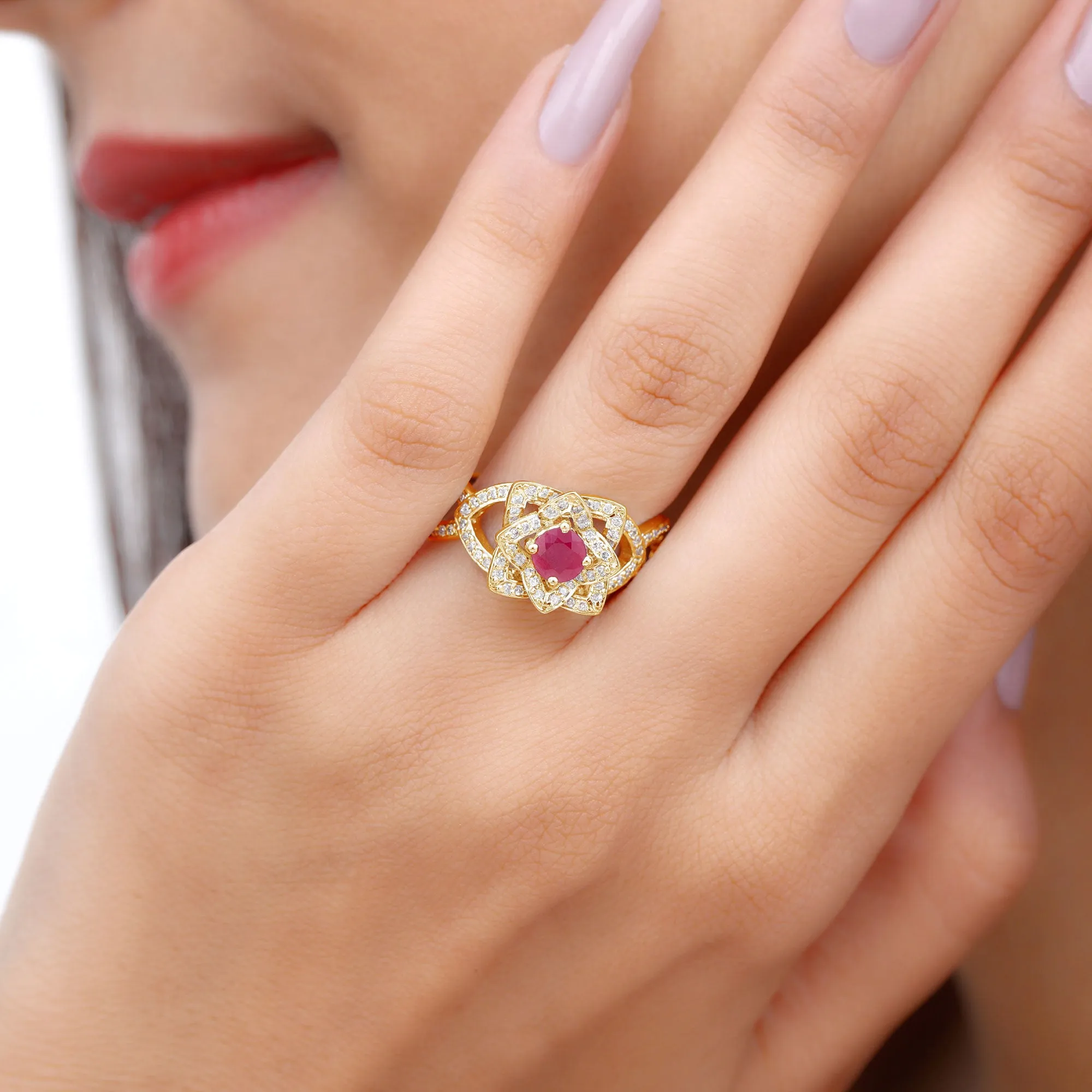 1.25 CT Created Ruby and Moissanite Flower Engagement Ring