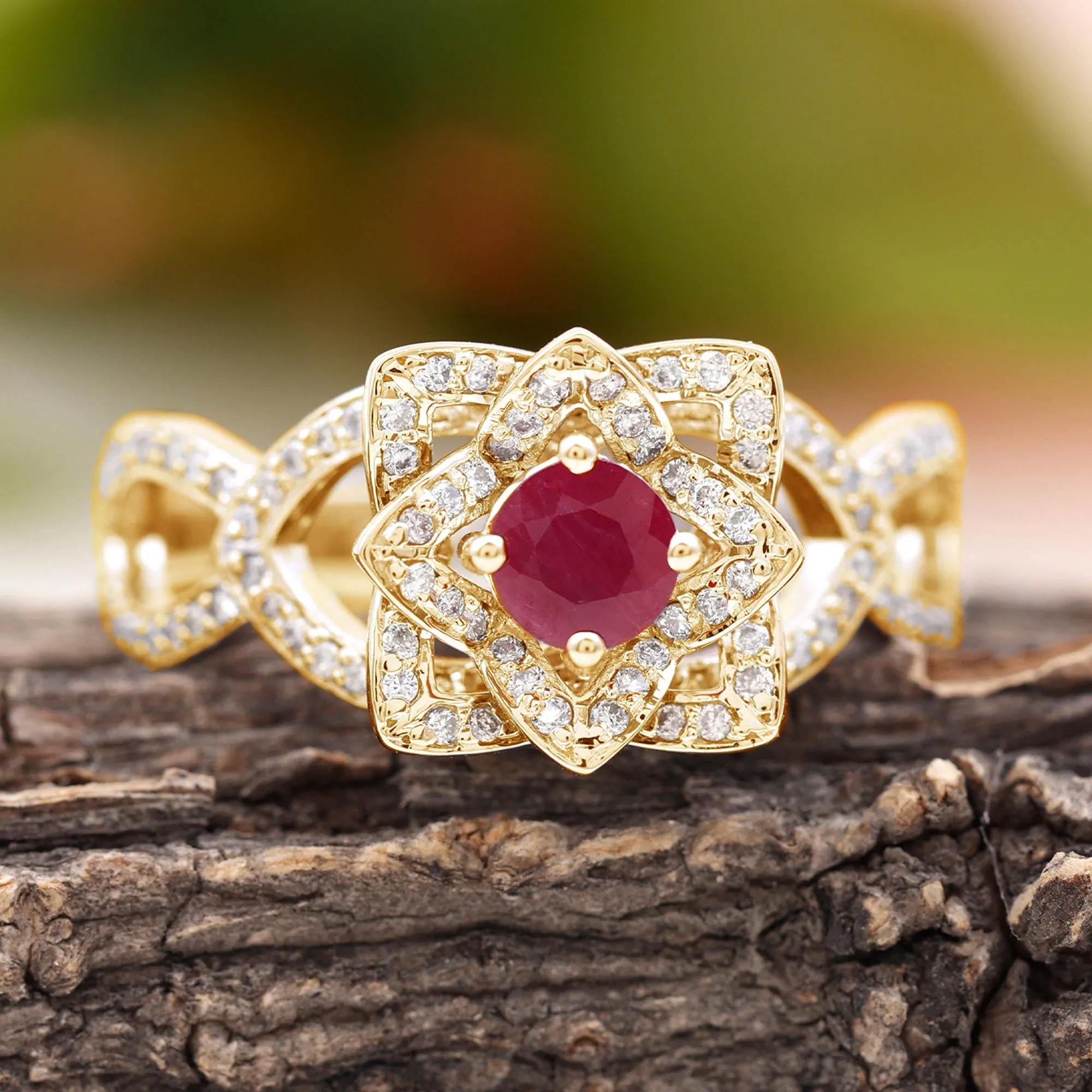 1.25 CT Created Ruby and Moissanite Flower Engagement Ring