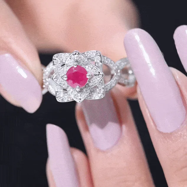 1.25 CT Created Ruby and Moissanite Flower Engagement Ring