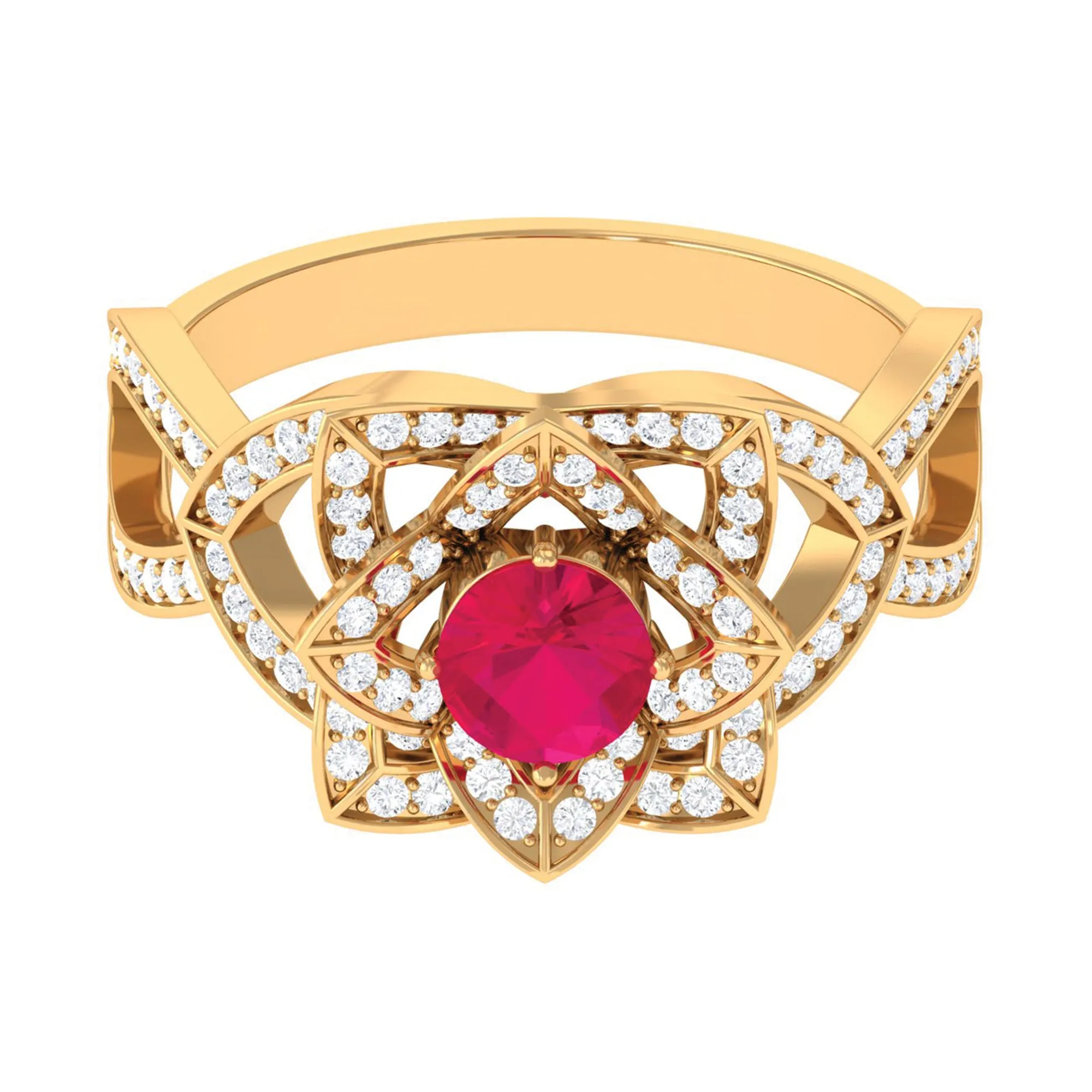 1.25 CT Created Ruby and Moissanite Flower Engagement Ring