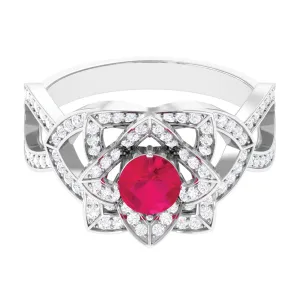 1.25 CT Created Ruby and Moissanite Flower Engagement Ring