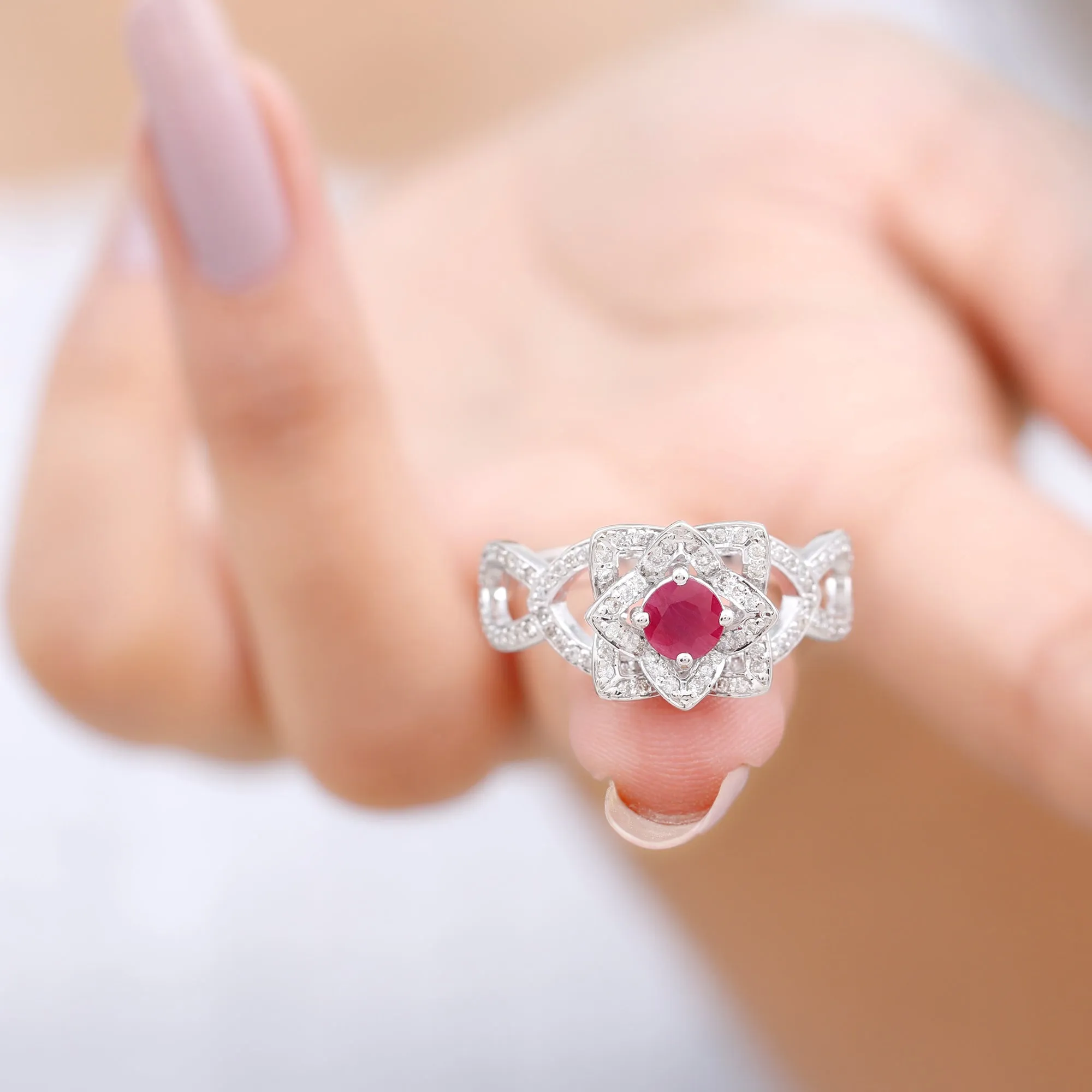 1.25 CT Created Ruby and Moissanite Flower Engagement Ring