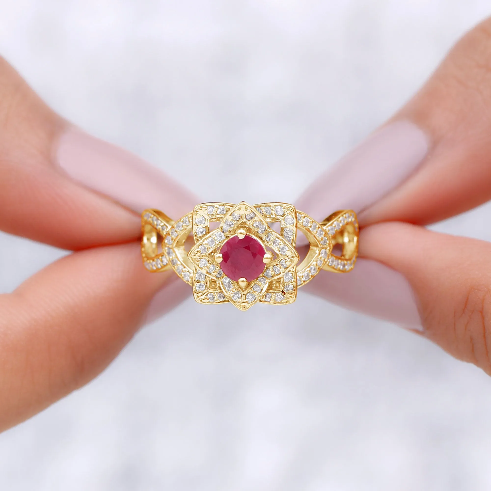 1.25 CT Created Ruby and Moissanite Flower Engagement Ring