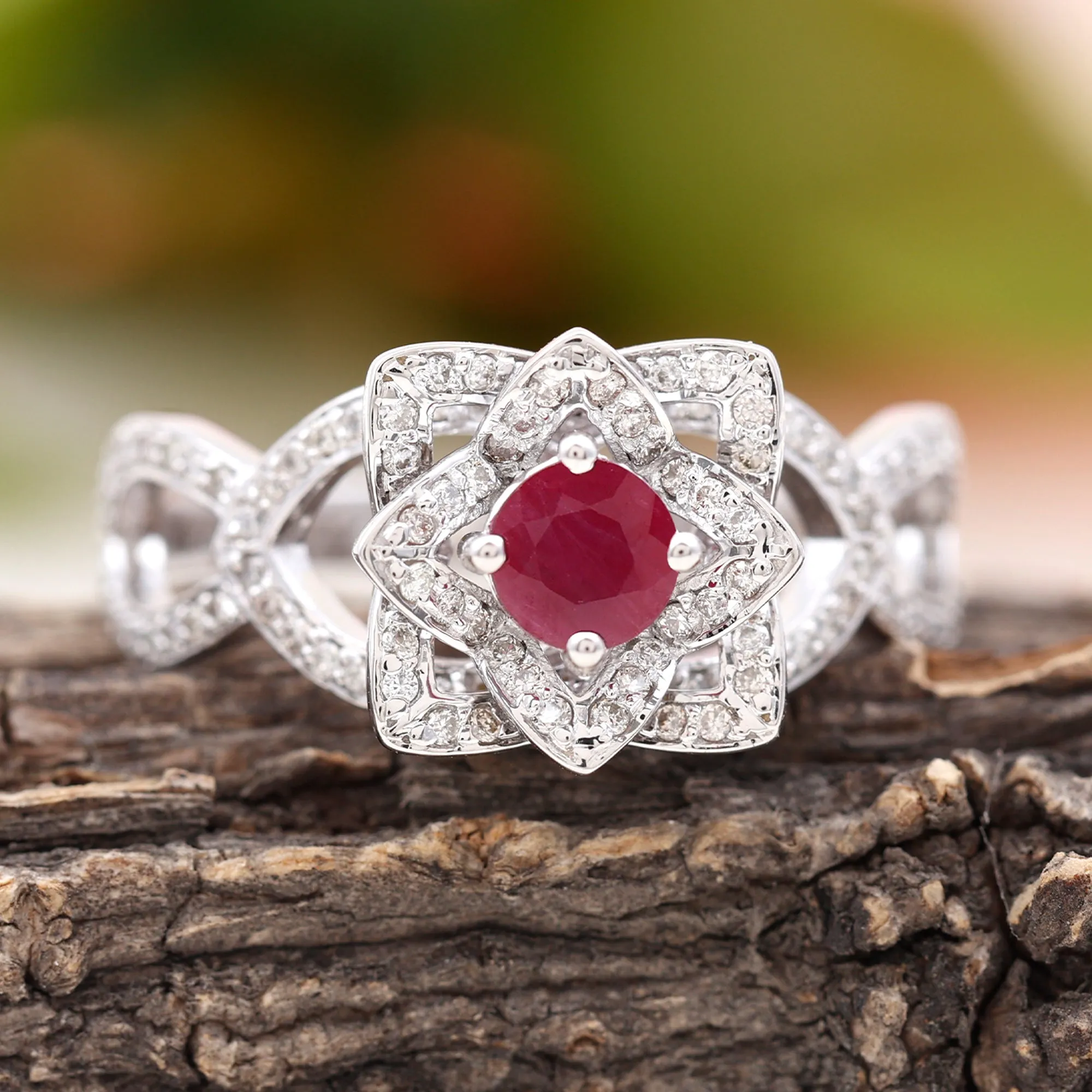 1.25 CT Created Ruby and Moissanite Flower Engagement Ring