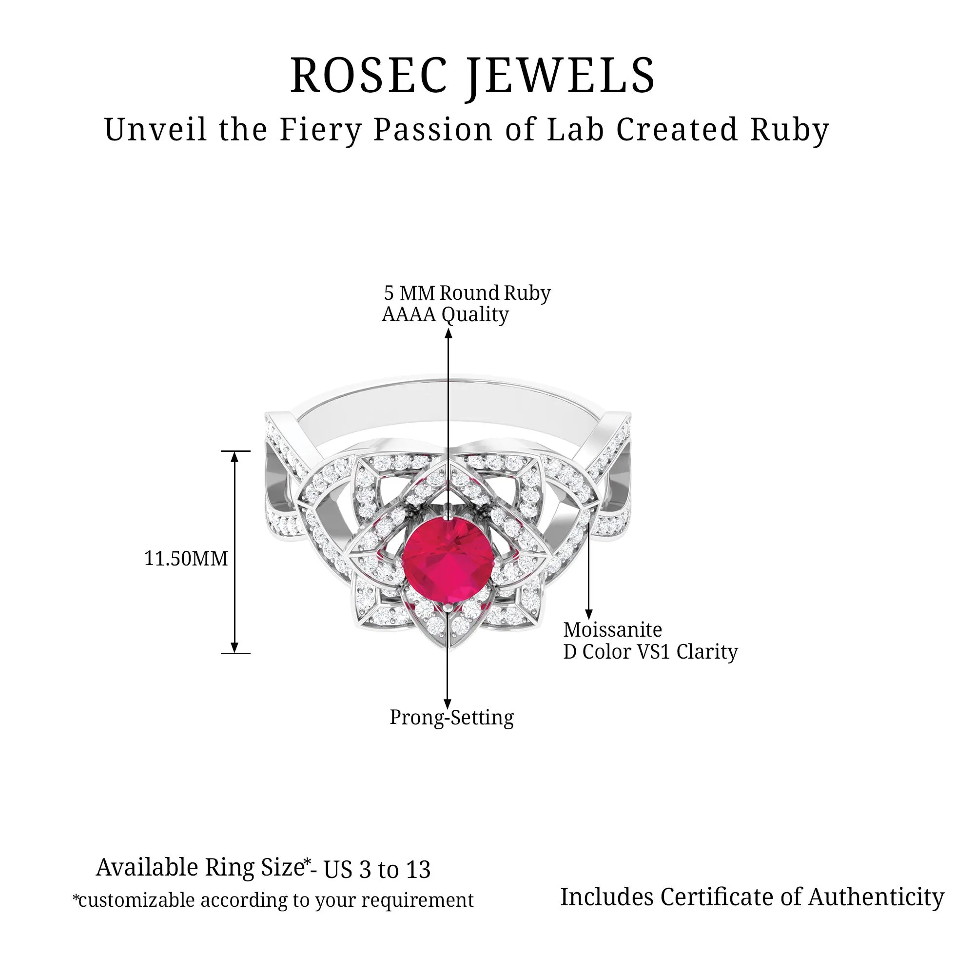 1.25 CT Created Ruby and Moissanite Flower Engagement Ring