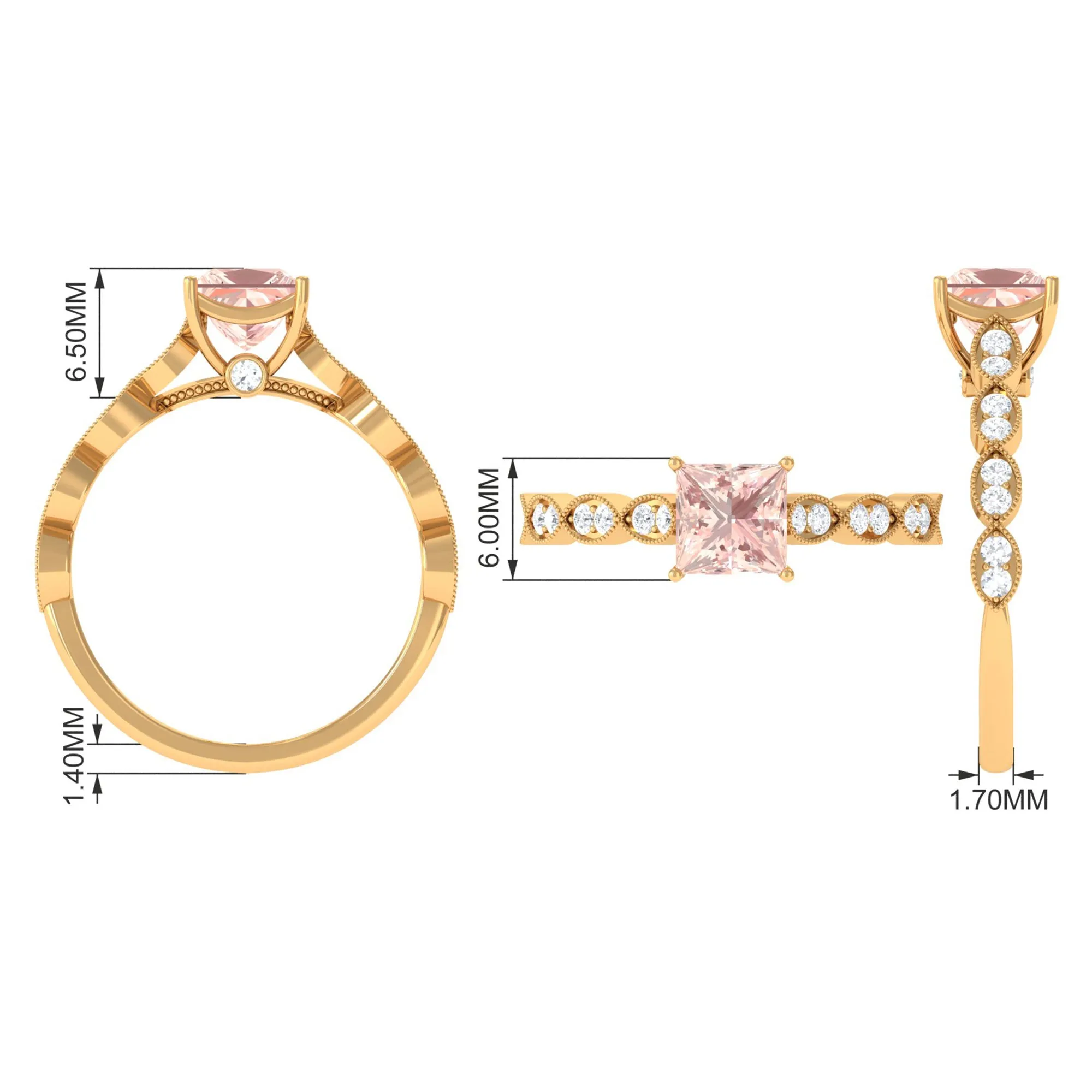 1.25 CT Princess Cut Morganite Solitaire Ring with Diamond Side Stones