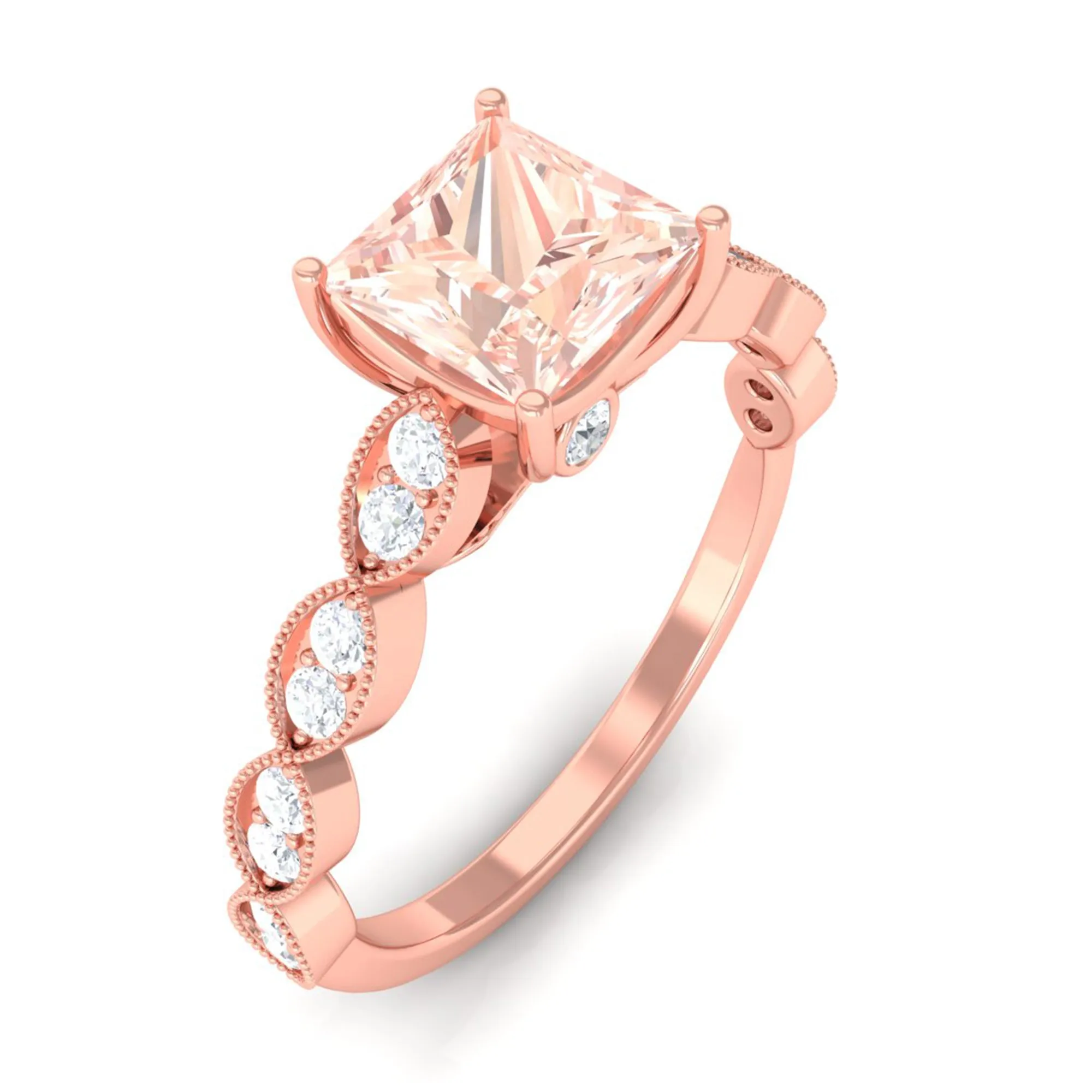 1.25 CT Princess Cut Morganite Solitaire Ring with Diamond Side Stones