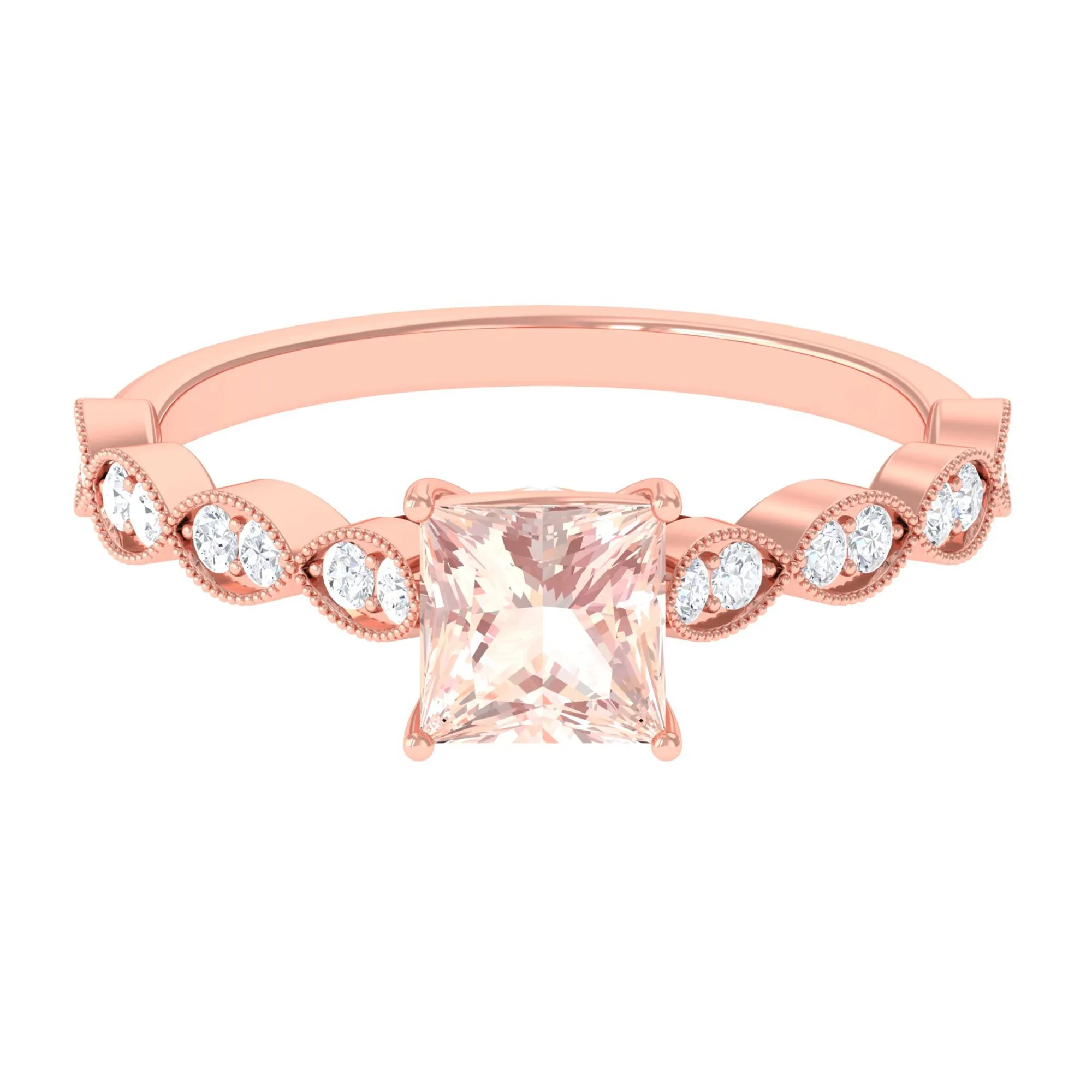 1.25 CT Princess Cut Morganite Solitaire Ring with Diamond Side Stones