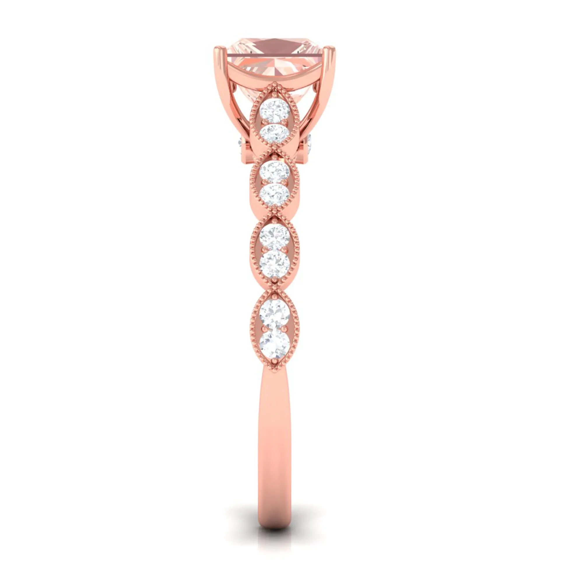 1.25 CT Princess Cut Morganite Solitaire Ring with Diamond Side Stones