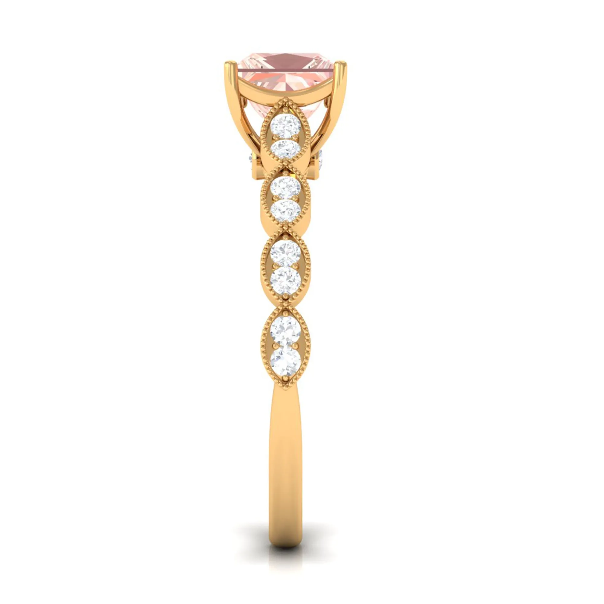 1.25 CT Princess Cut Morganite Solitaire Ring with Diamond Side Stones