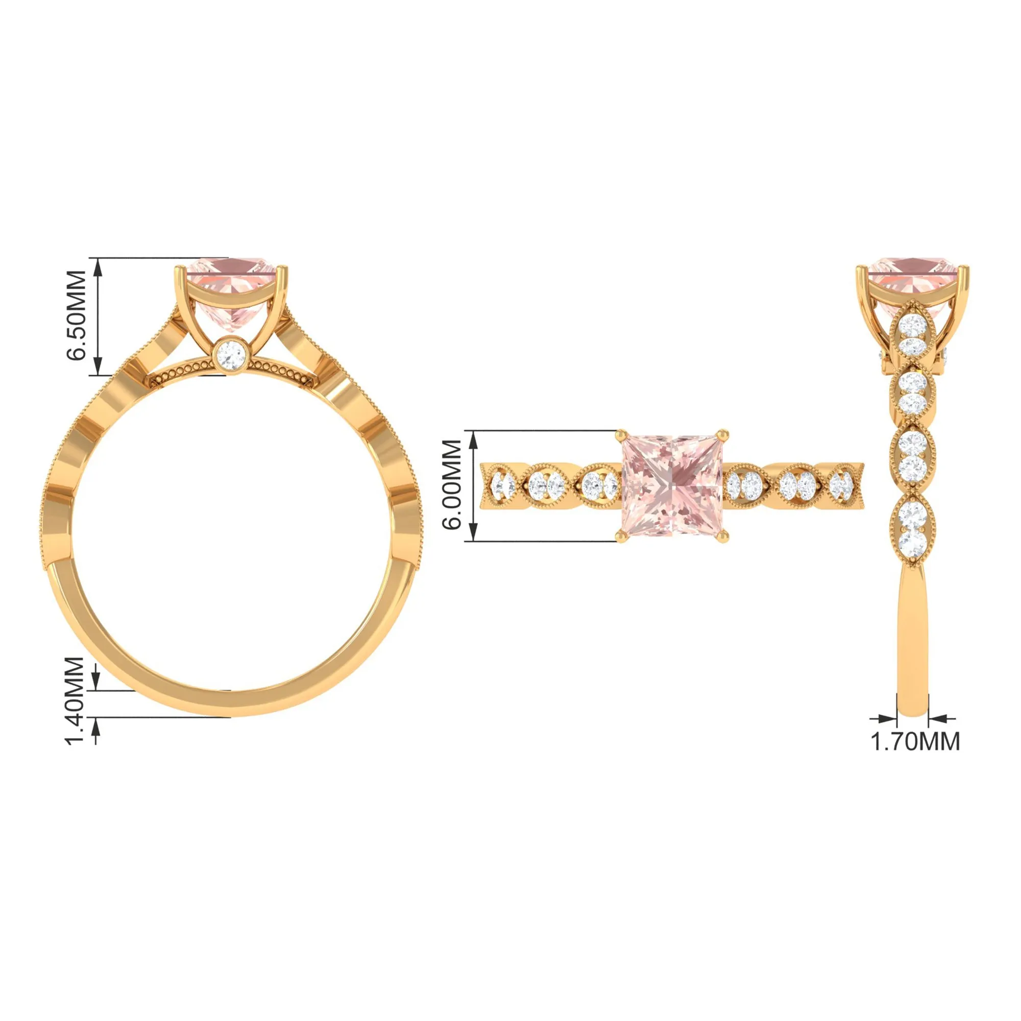 1.25 CT Princess Cut Morganite Solitaire Ring with Diamond Side Stones
