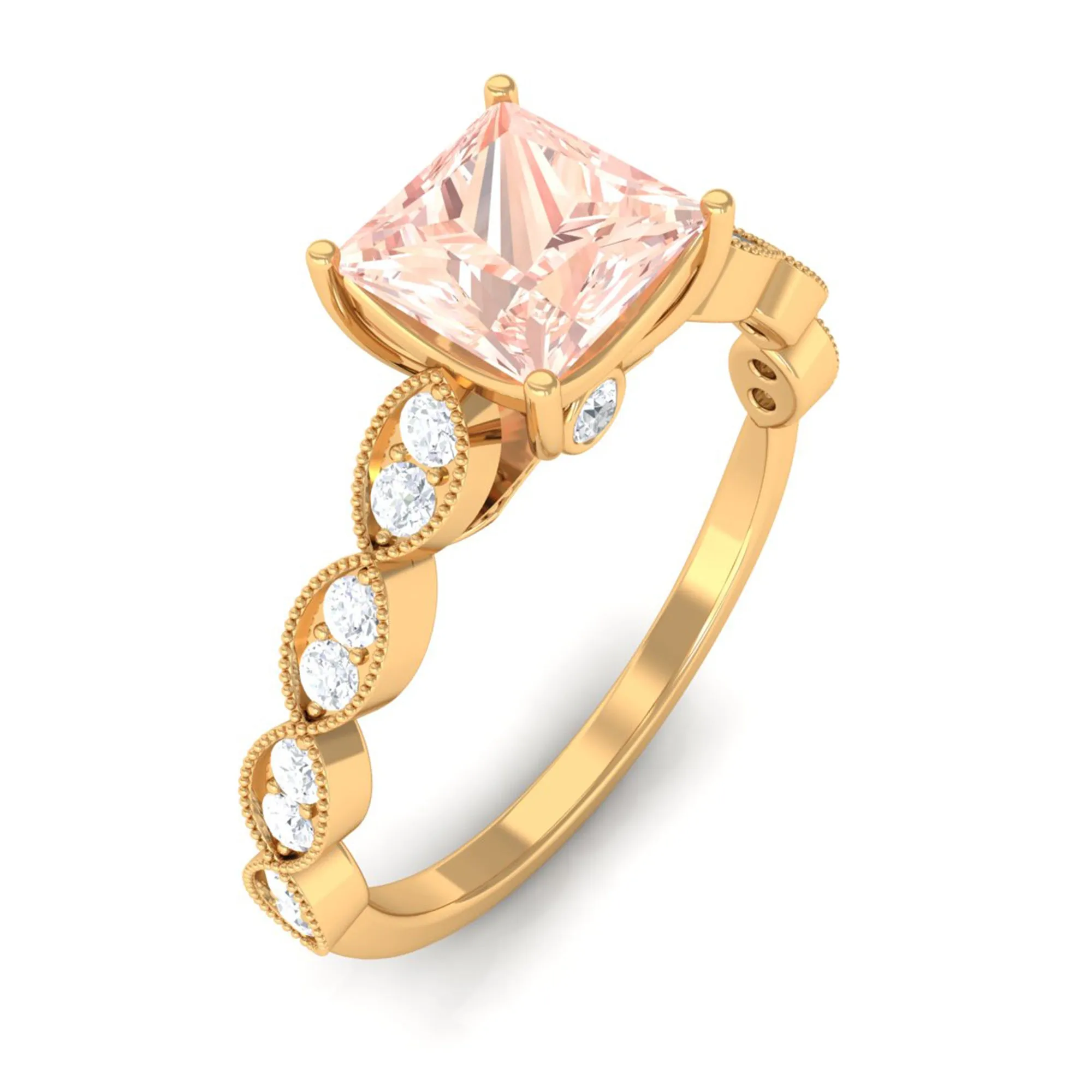 1.25 CT Princess Cut Morganite Solitaire Ring with Diamond Side Stones
