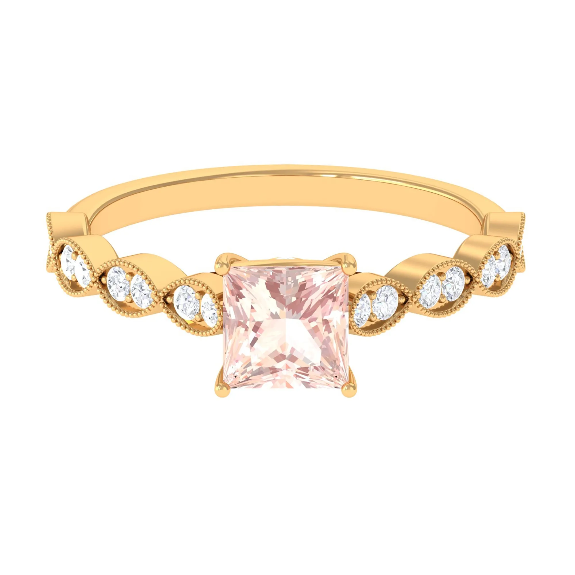 1.25 CT Princess Cut Morganite Solitaire Ring with Diamond Side Stones