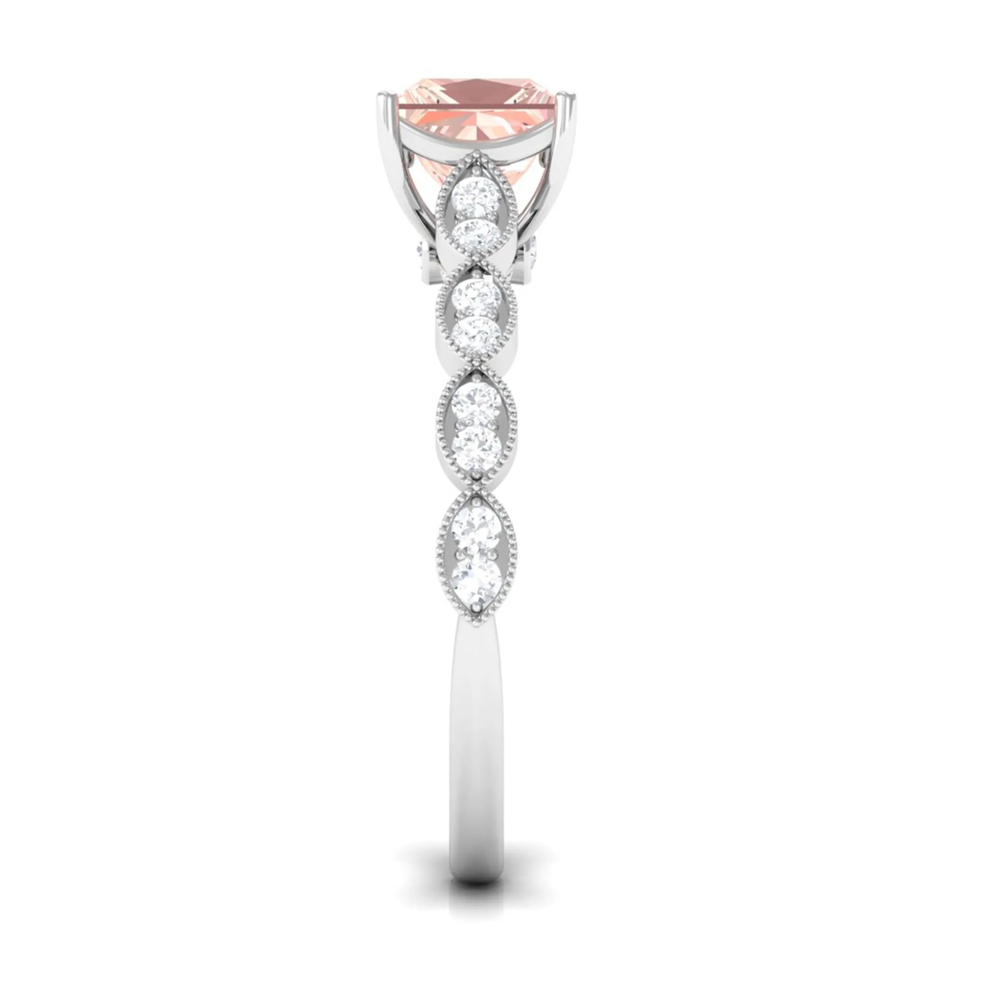 1.25 CT Princess Cut Morganite Solitaire Ring with Diamond Side Stones