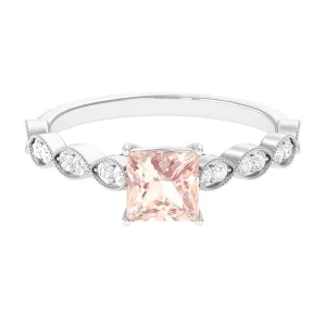 1.25 CT Princess Cut Morganite Solitaire Ring with Diamond Side Stones