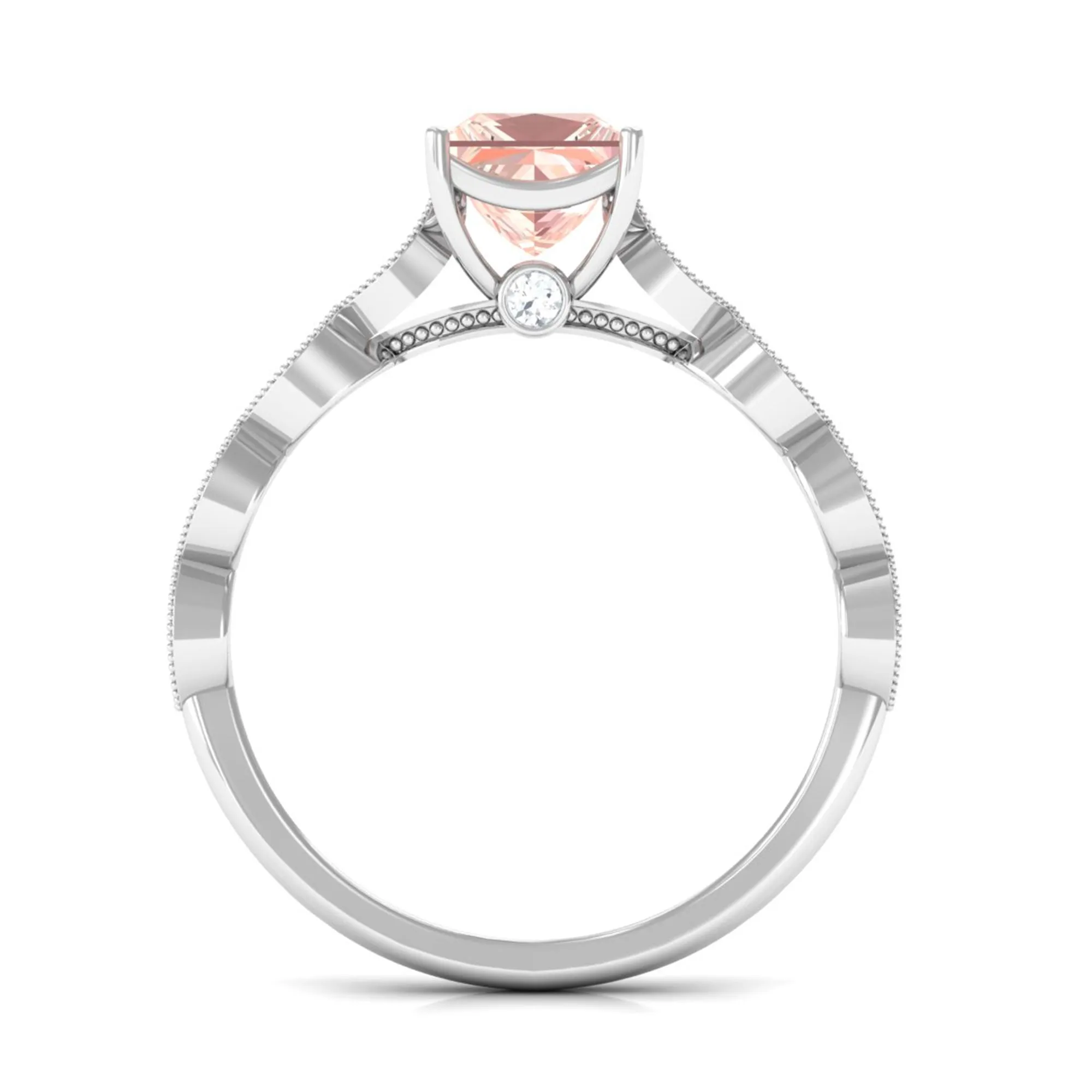 1.25 CT Princess Cut Morganite Solitaire Ring with Diamond Side Stones