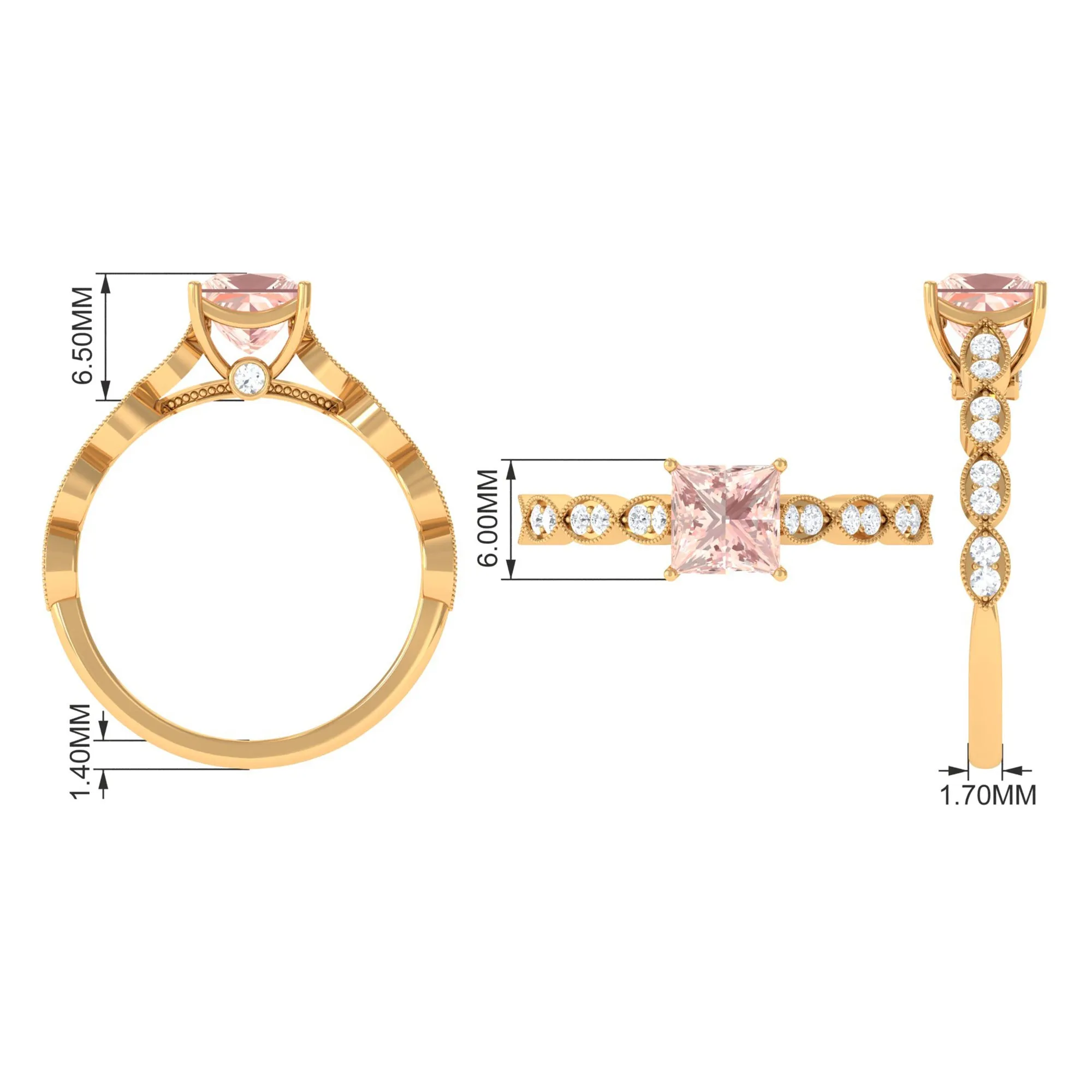 1.25 CT Princess Cut Morganite Solitaire Ring with Diamond Side Stones