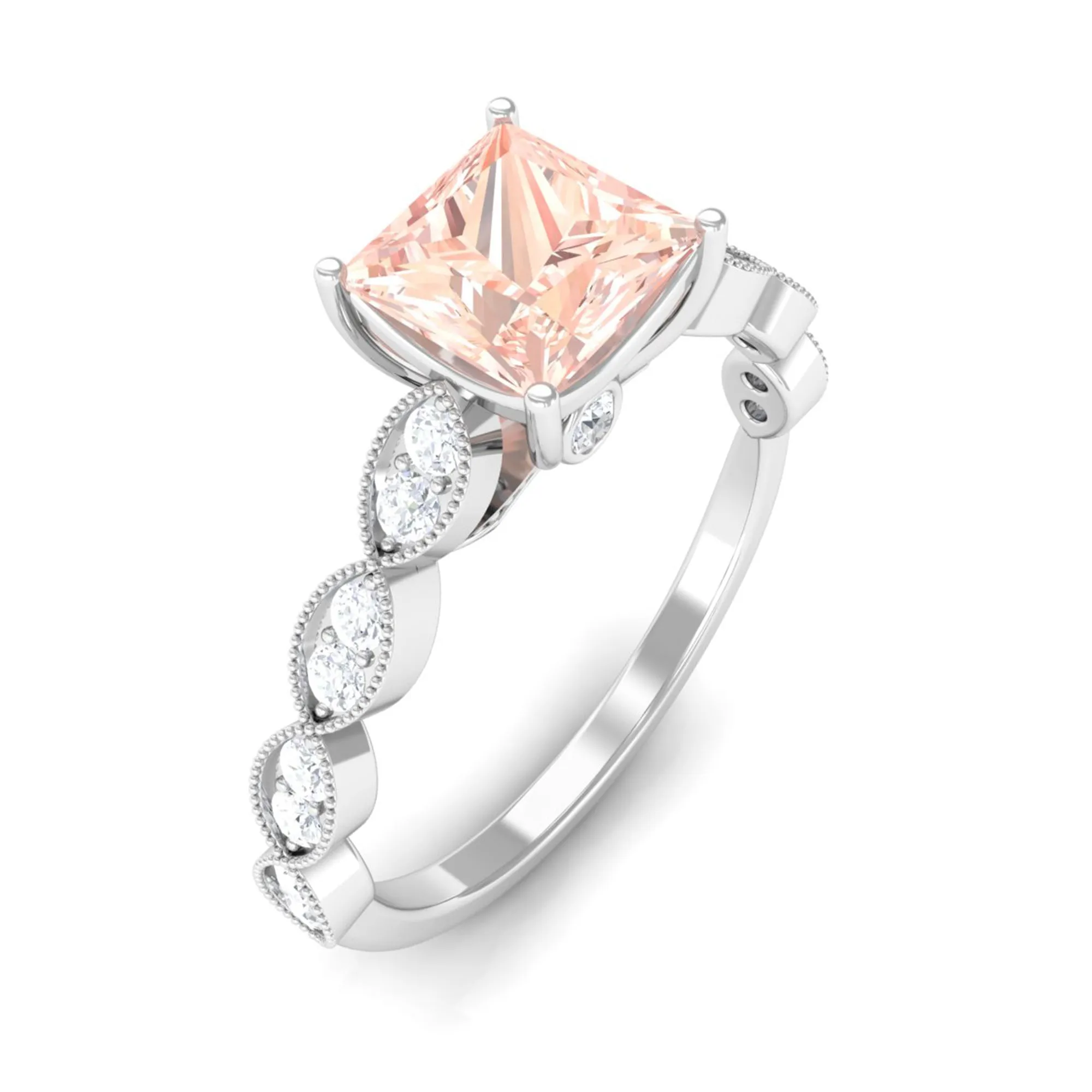 1.25 CT Princess Cut Morganite Solitaire Ring with Diamond Side Stones