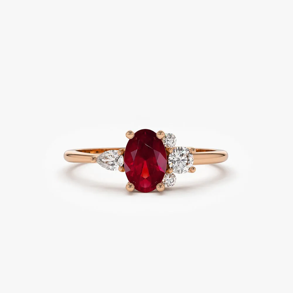 14k Diamond and Oval Ruby Ring