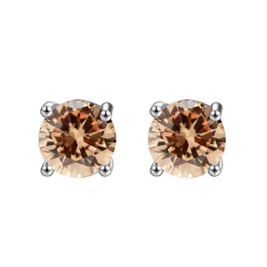 14k White Gold Plated 4 Carat Round Created Champagne Sapphire Stud Earrings