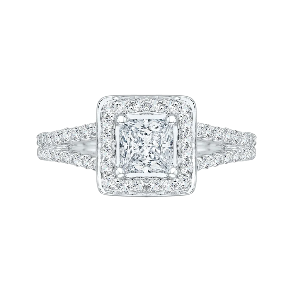 14K White Gold Princess Diamond Halo Engagement Ring with Split Shank