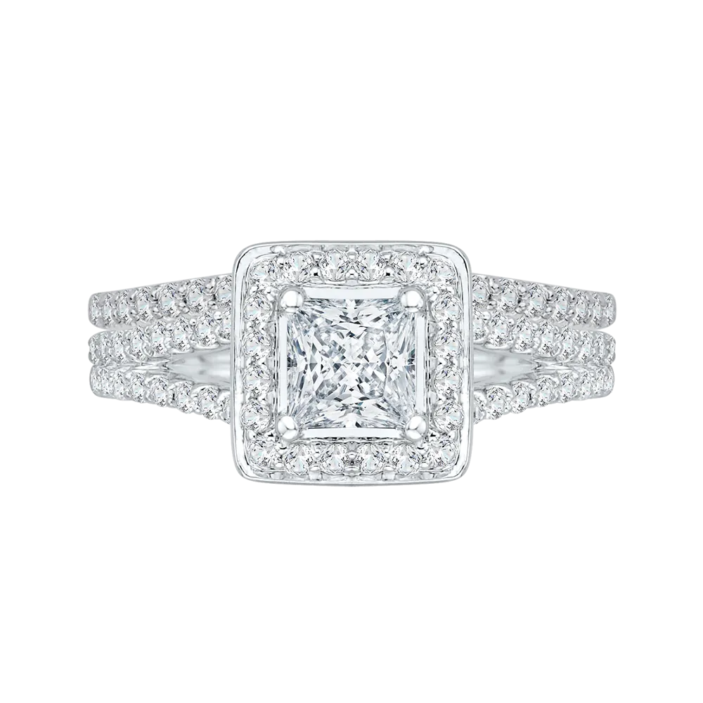 14K White Gold Princess Diamond Halo Engagement Ring with Split Shank