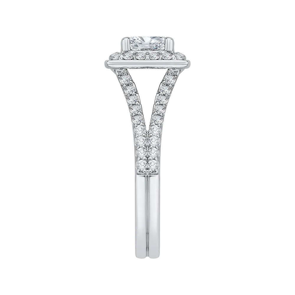 14K White Gold Princess Diamond Halo Engagement Ring with Split Shank