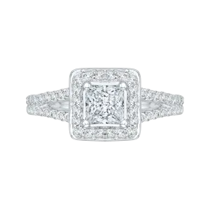 14K White Gold Princess Diamond Halo Engagement Ring with Split Shank
