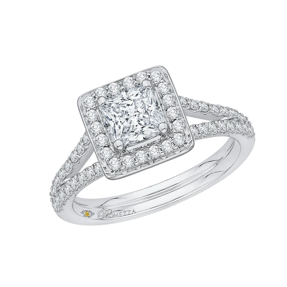 14K White Gold Princess Diamond Halo Engagement Ring with Split Shank