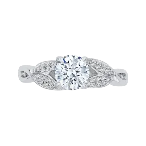 14K White Gold Round Diamond Floral Engagement Ring with Split Shank (Semi Mount)