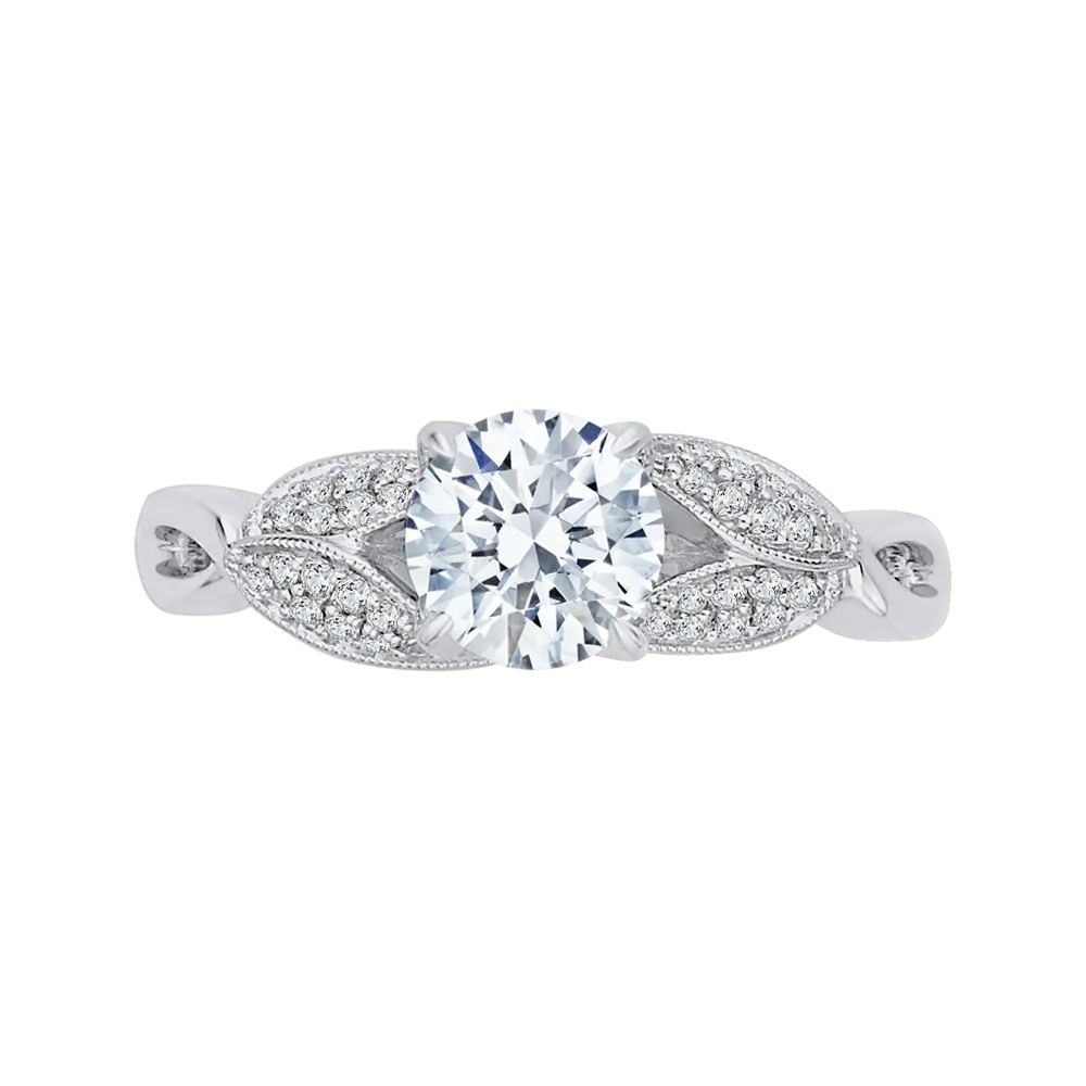 14K White Gold Round Diamond Floral Engagement Ring with Split Shank (Semi Mount)