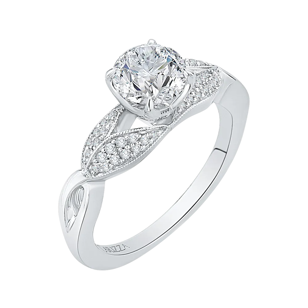 14K White Gold Round Diamond Floral Engagement Ring with Split Shank (Semi Mount)