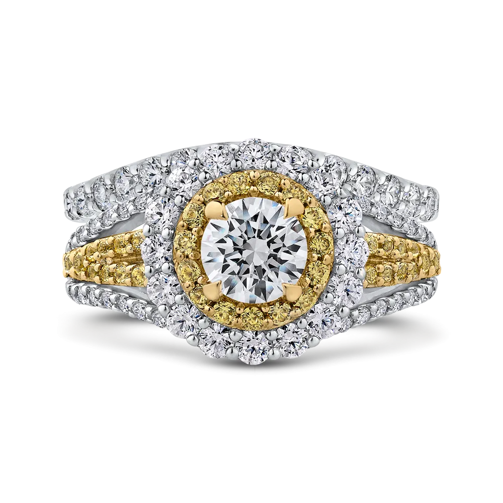 14K White Gold Round Double Halo Diamond Engagement Ring with Split Shank