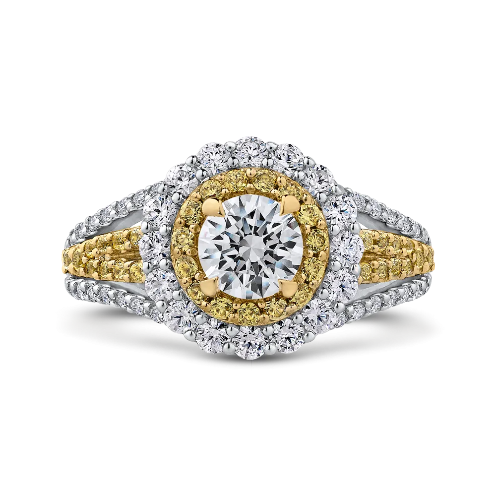 14K White Gold Round Double Halo Diamond Engagement Ring with Split Shank