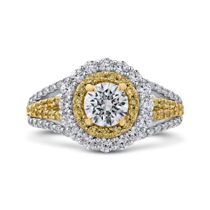 14K White Gold Round Double Halo Diamond Engagement Ring with Split Shank