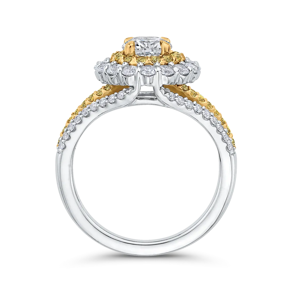 14K White Gold Round Double Halo Diamond Engagement Ring with Split Shank