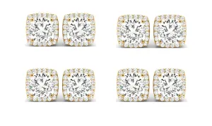 14k Yellow Gold 1Ct Cushion Cut White Sapphire Set Of Four Halo Stud Earrings Plated