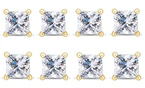 14k Yellow Gold Plated 1/2Ct Princess Cut White Sapphire Set Of Four Stud Earrings