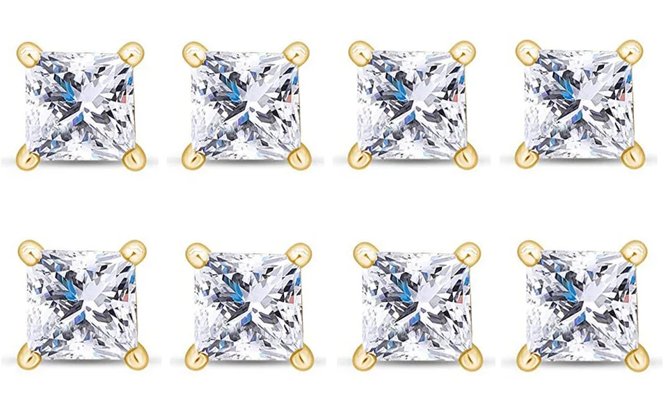 14k Yellow Gold Plated 1/2Ct Princess Cut White Sapphire Set Of Four Stud Earrings