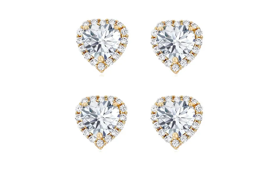 14k Yellow Gold Plated 3Ct Heart White Sapphire Set of Two Halo Stud Earrings