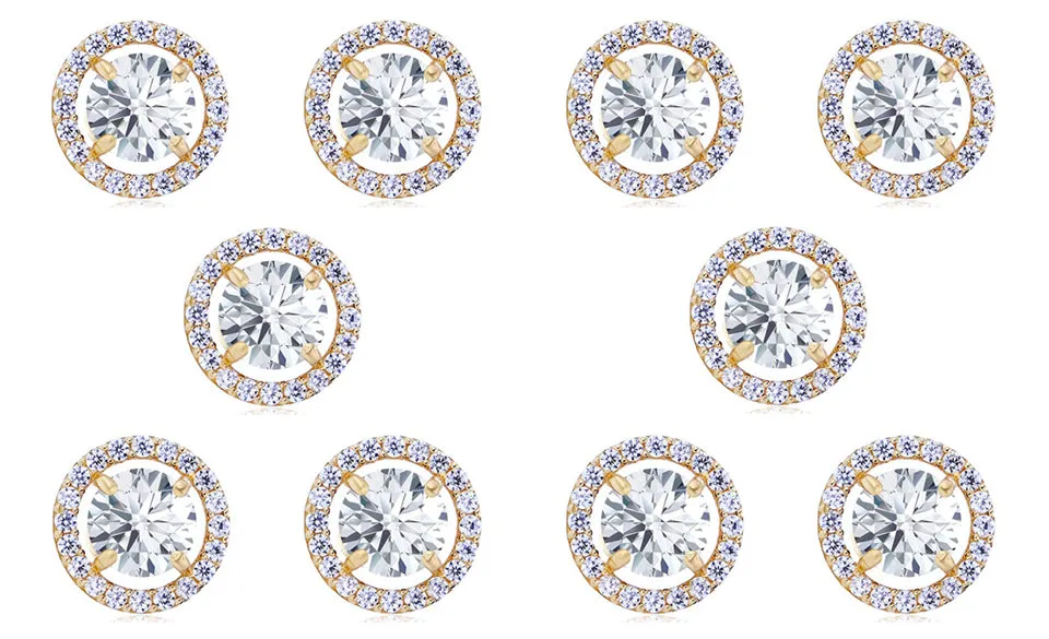14k Yellow Gold Plated 4mm 3Ct Round White Sapphire Set Of Five Halo Stud Earrings