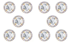14k Yellow Gold Plated 6mm 2Ct Round White Sapphire Set Of Five Halo Stud Earrings