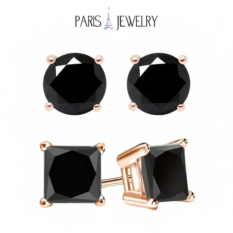 18k Rose Gold 2 Pair Black Moissanite Round & Princess Cut Stud Earrings Plated 6mm By Paris Jewelry