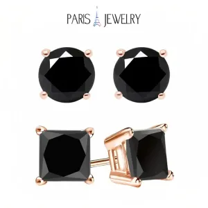 18k Rose Gold 2 Pair Black Moissanite Round & Princess Cut Stud Earrings Plated 6mm By Paris Jewelry
