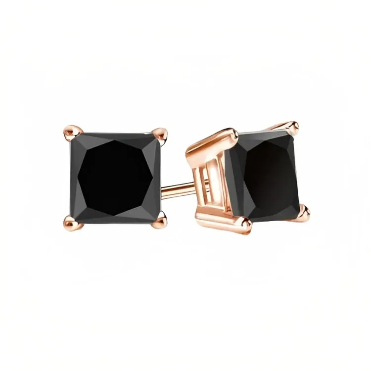 18k Rose Gold 2 Pair Black Moissanite Round & Princess Cut Stud Earrings Plated 6mm By Paris Jewelry