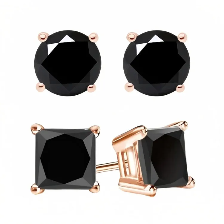 18k Rose Gold 2 Pair Black Moissanite Round & Princess Cut Stud Earrings Plated 6mm By Paris Jewelry